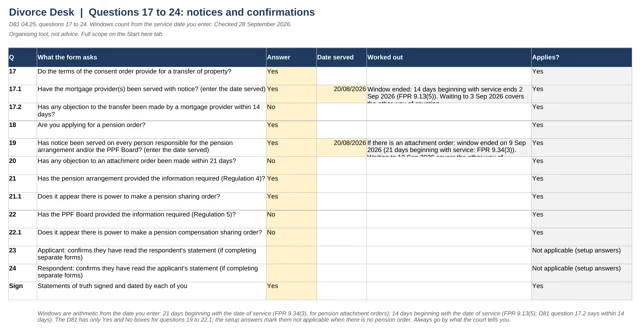 Questions 17 to 24: notice dates worked out